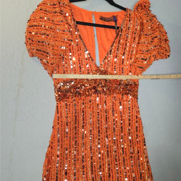Free People Women XS Mini dress Celeste Orange Sequin Stars Celestial Event Prom - Picture 9 of 15